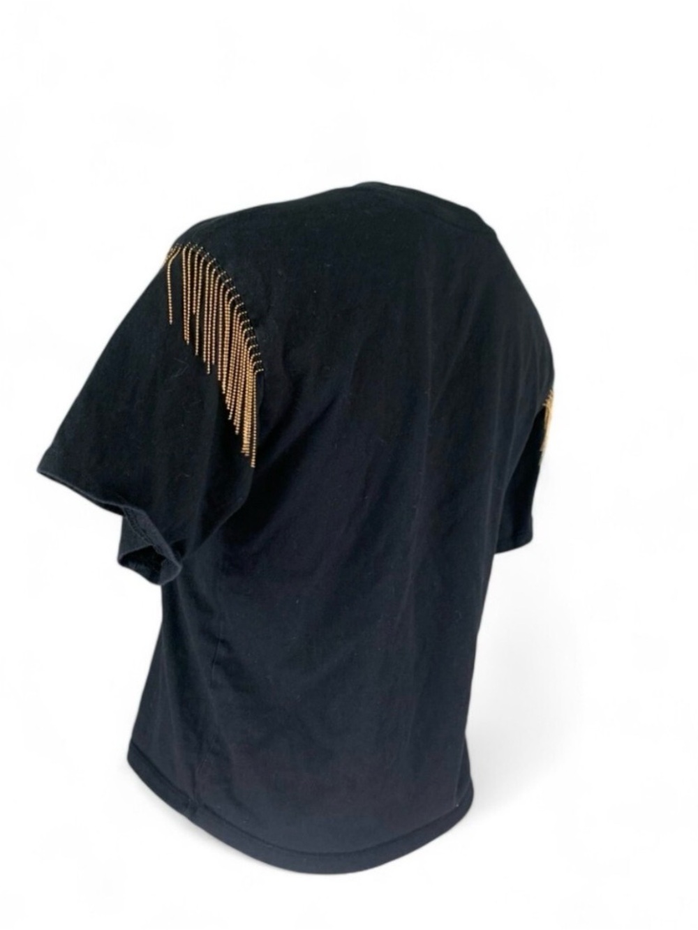 Black Short Sleeve woman’s Tee with Gold Chain Fringe Shoulders